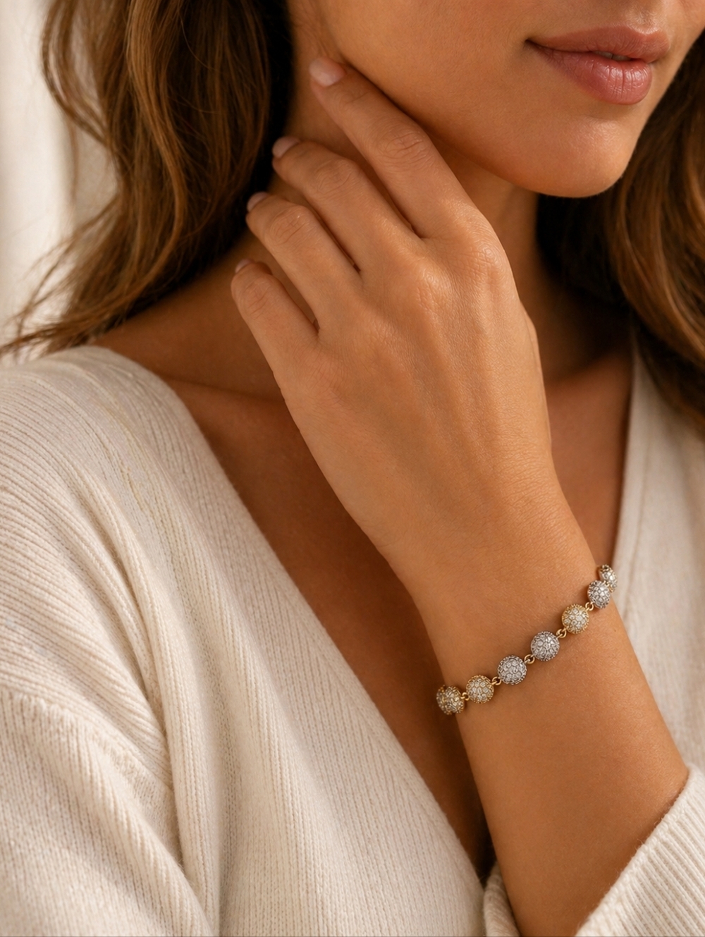 7" Two-tone Gold & Silver Pavé CZ Encrusted Beaded Bracelet